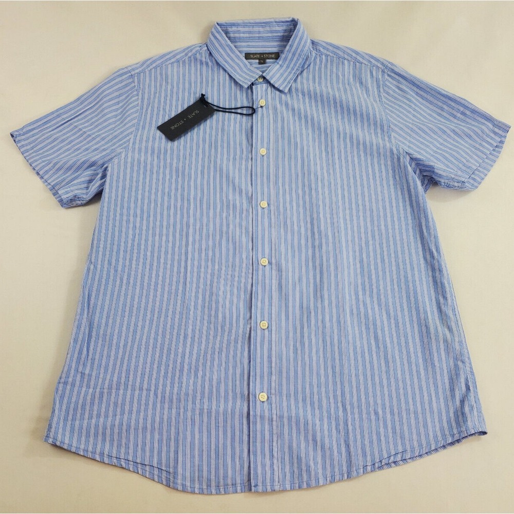 Slate & Stone Mens Short Sleeve Striped Poplin Shirt Blue L7STS203423 L NEW